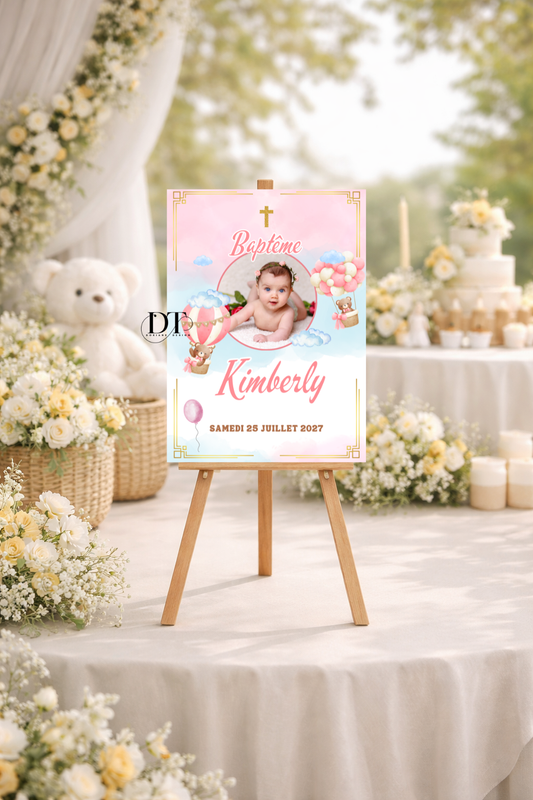 Panneau baptême bébé fille montgolfière & nuages pastel