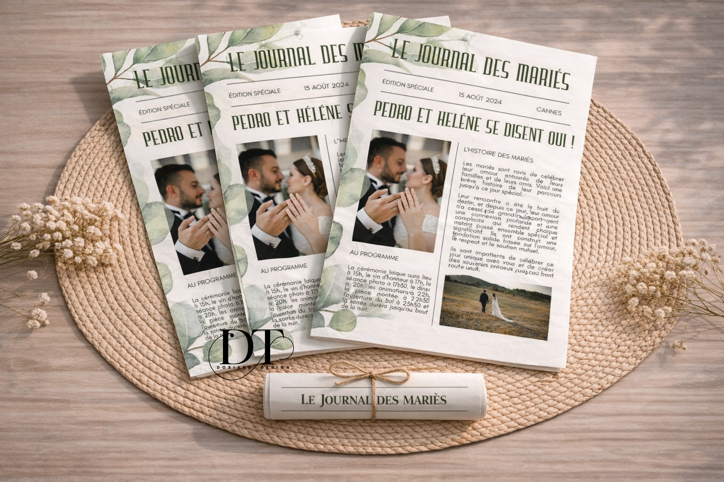Gazette mariage personnalisée A3 recto verso – Journal des mariés – Cadeau invités original – Programme mariage bohème pampa – Affiche mariage personnalisable