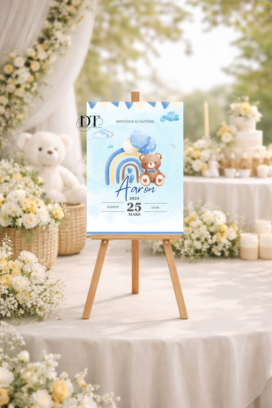 Affiche décoration de baptême Ourson arc en ciel bleu