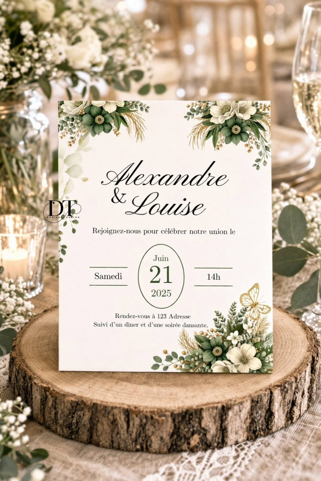 Faire part mariage floral vert & beige