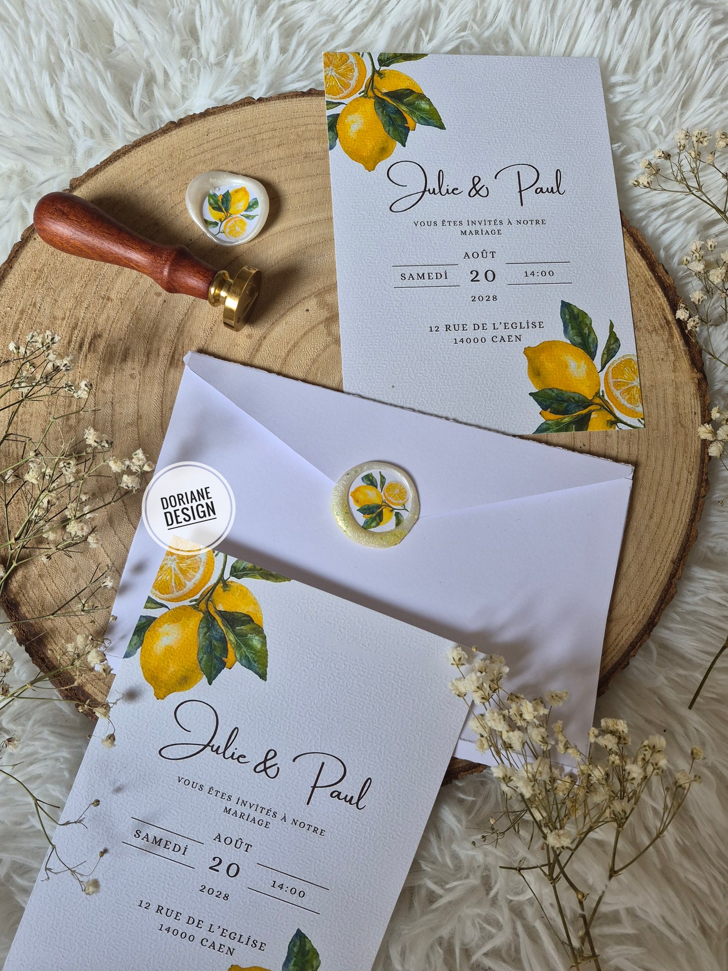 Faire-part mariage citron “Dolce Vita” avec enveloppe & cachet de cire assorti – faire part Personnalisé