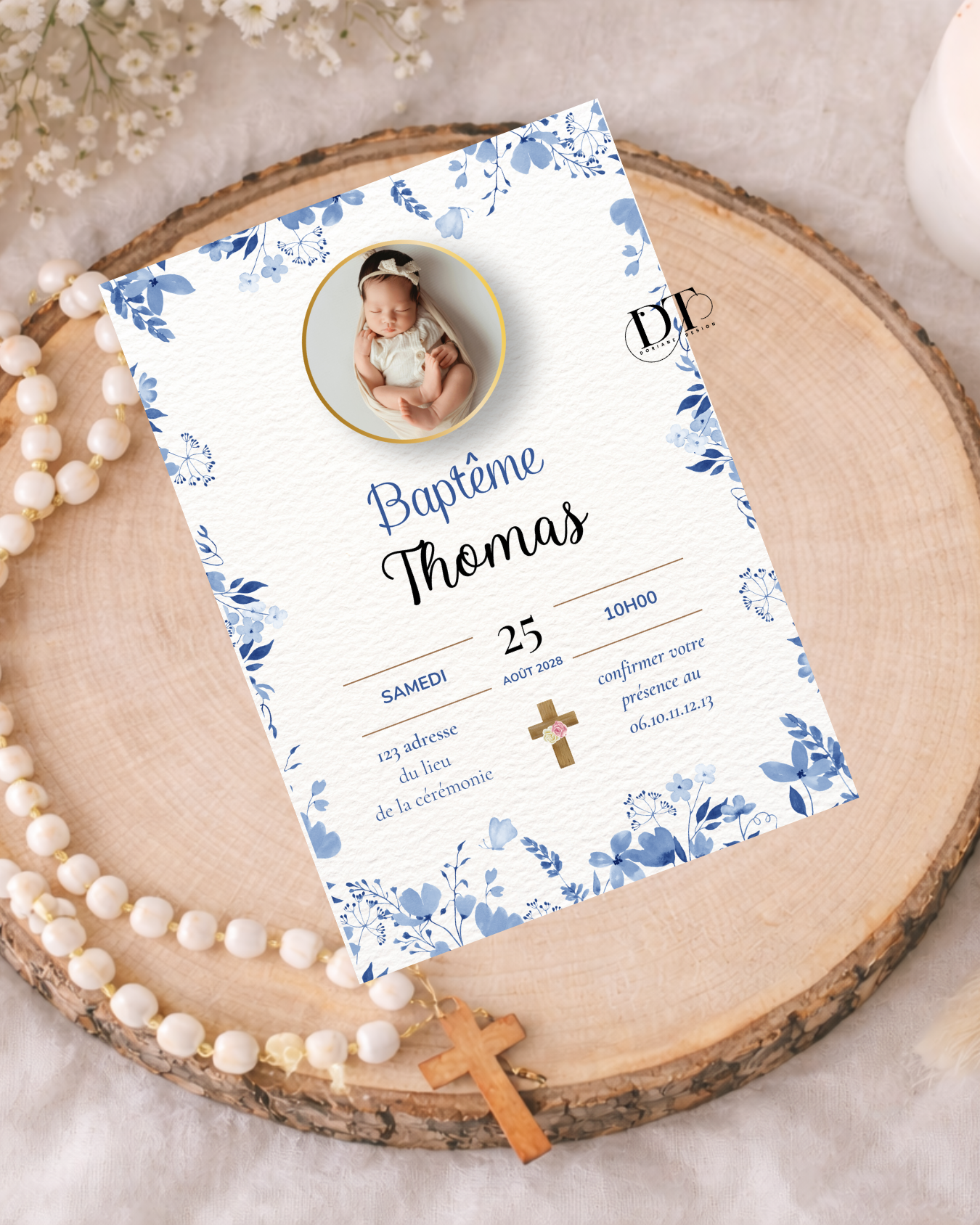 Faire-part de baptême floral bleu