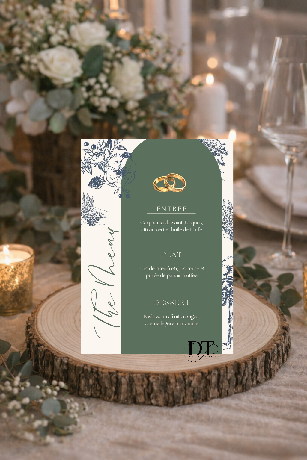 Menu mariage Champêtre Vert Sauge & Arche raffinée