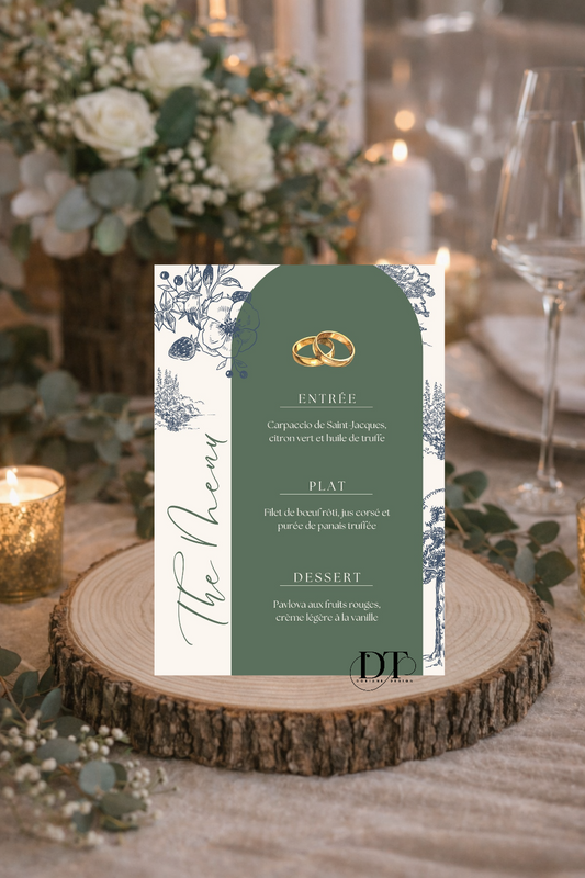 Menu mariage Champêtre Vert Sauge & Arche raffinée
