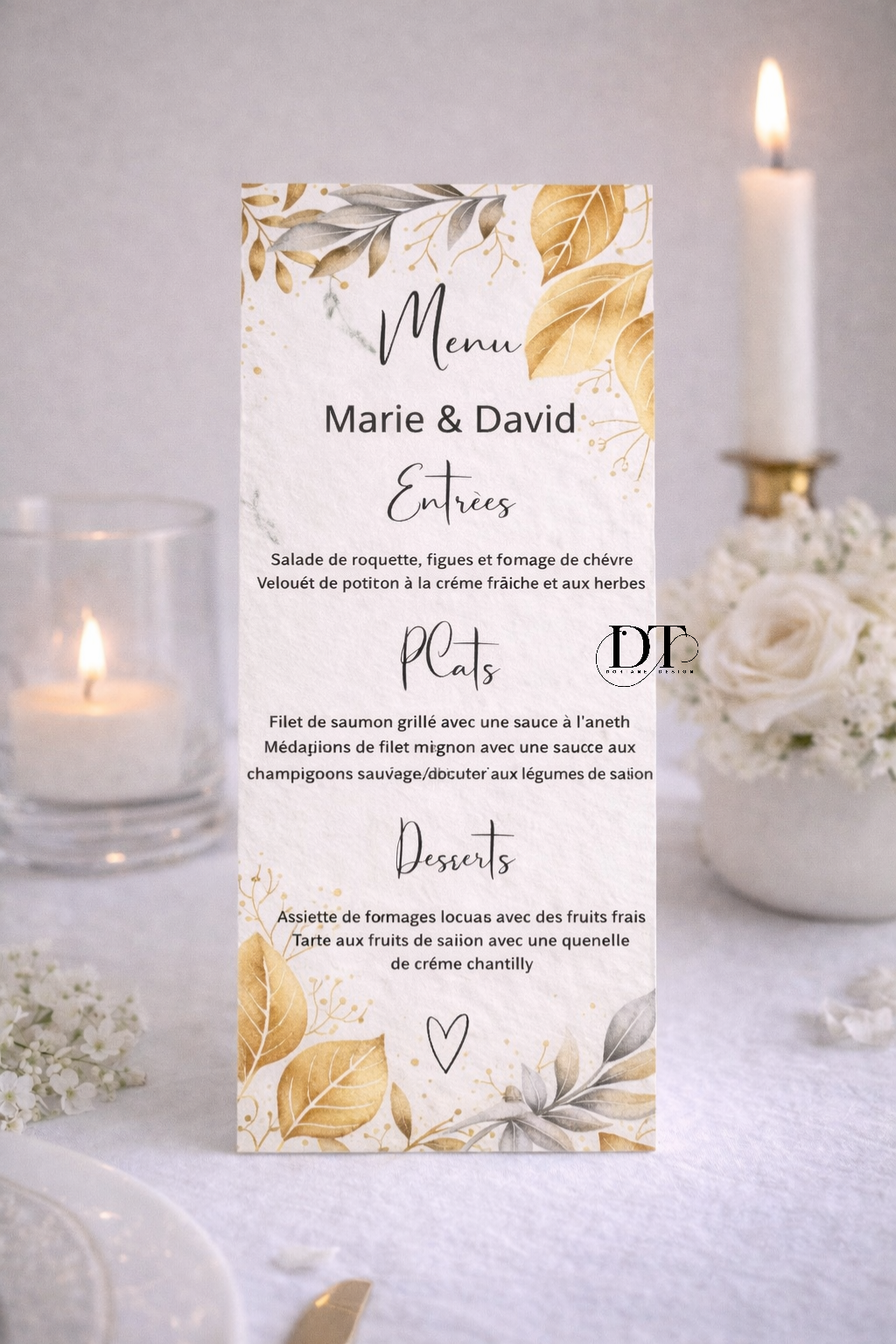 Menu mariage chic Feuillages or dorée
