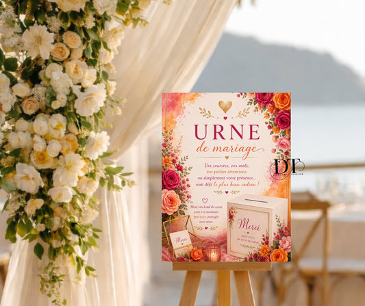 Panneau Urne de mariage personnalisé affiche urne mariage fushia orange