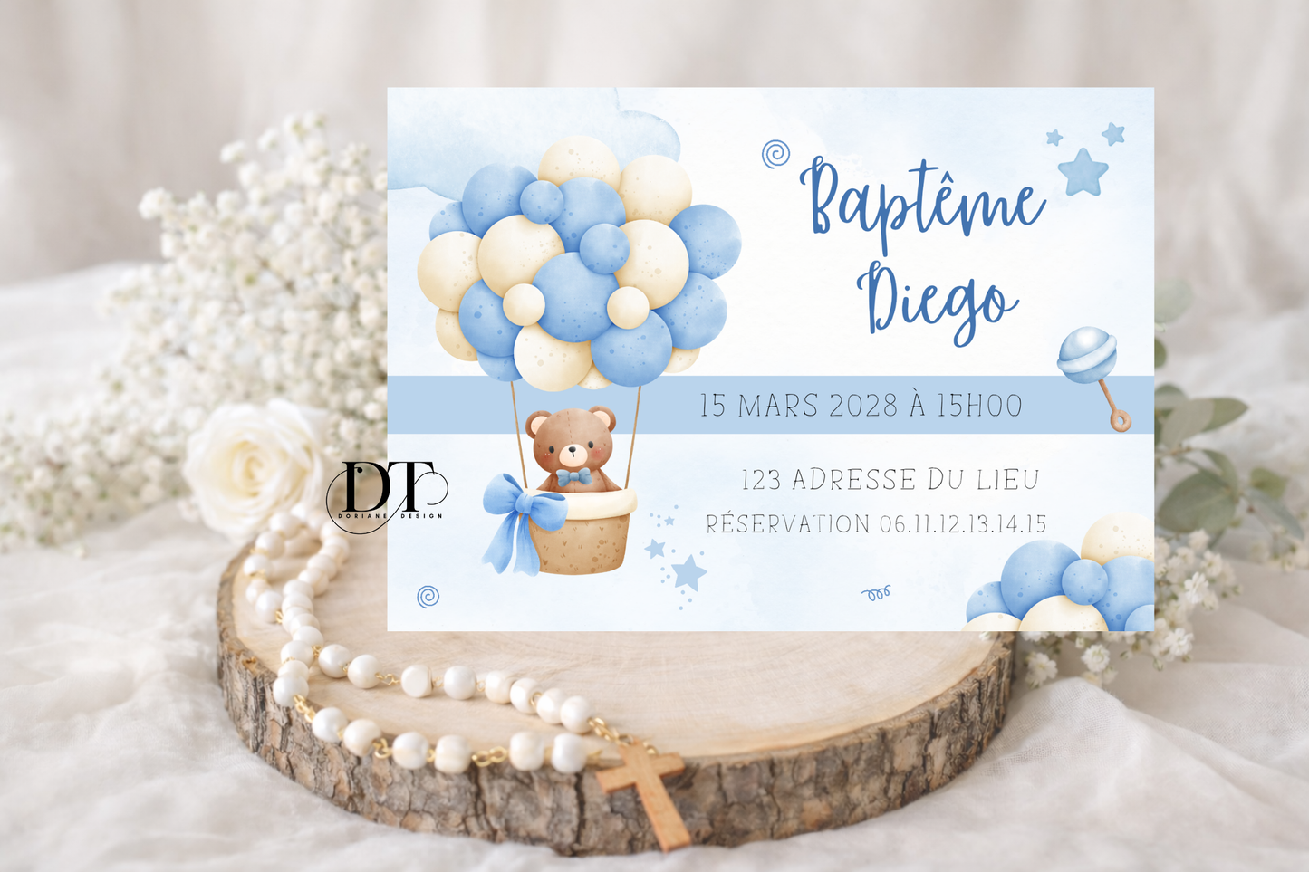 Faire-part de baptême oursons bleu
