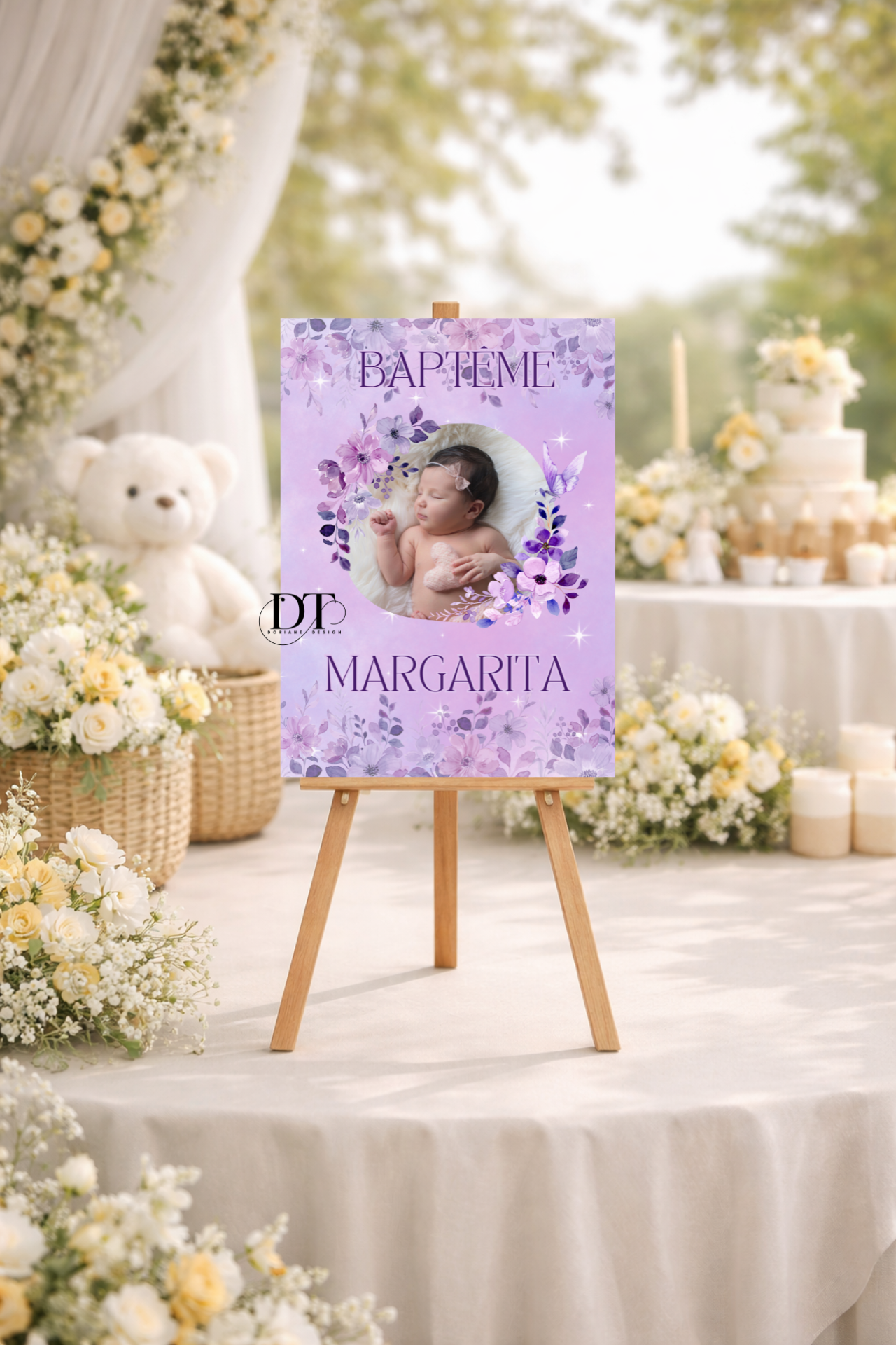 Affiche décoration de baptême floral violet