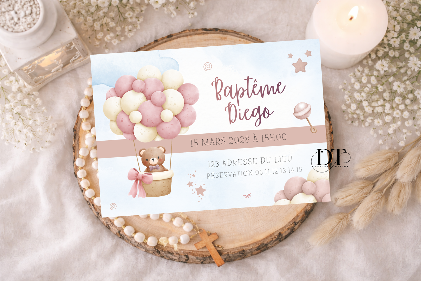 Faire-part de baptême oursons rose
