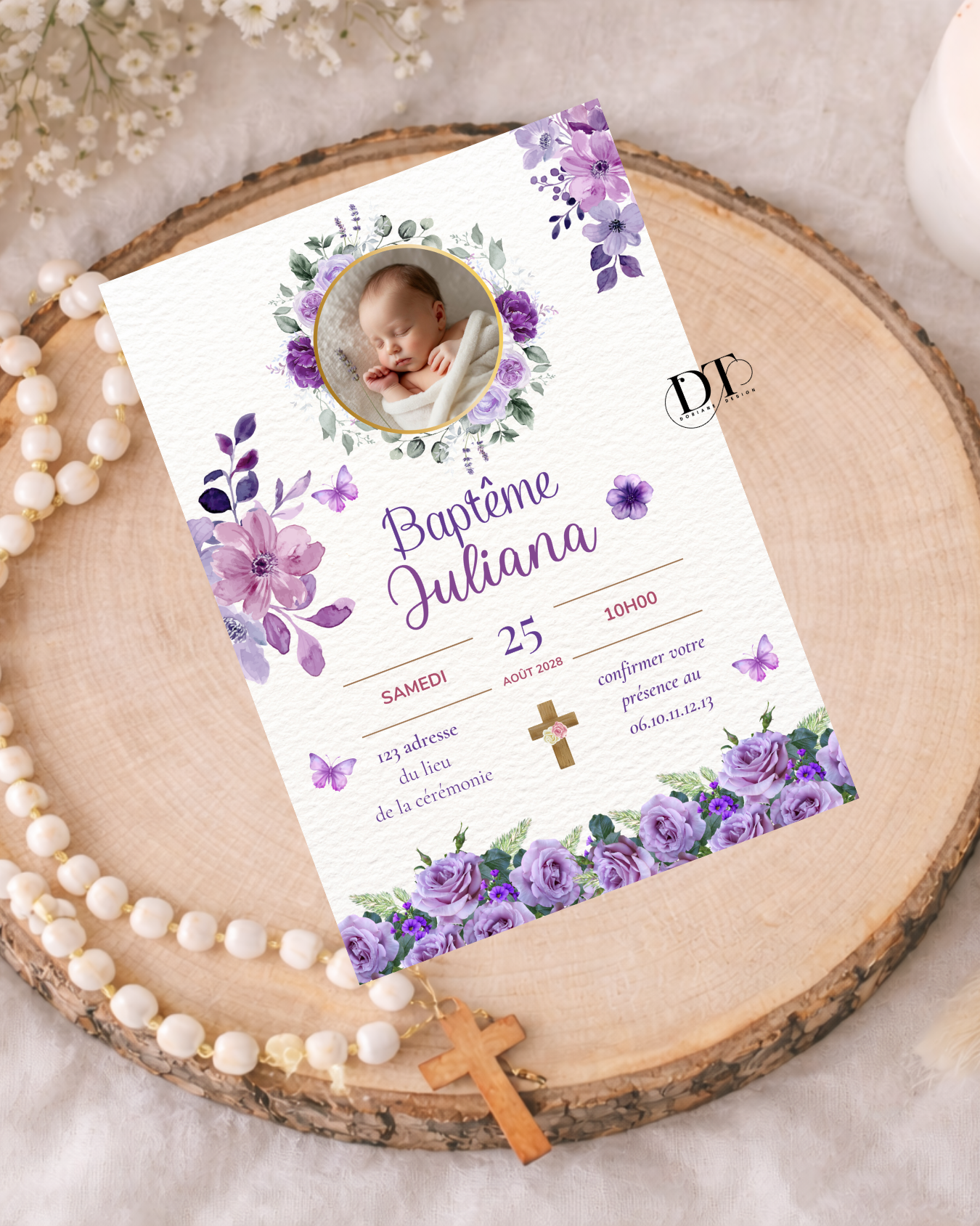 Faire-part de baptême floral ton violet