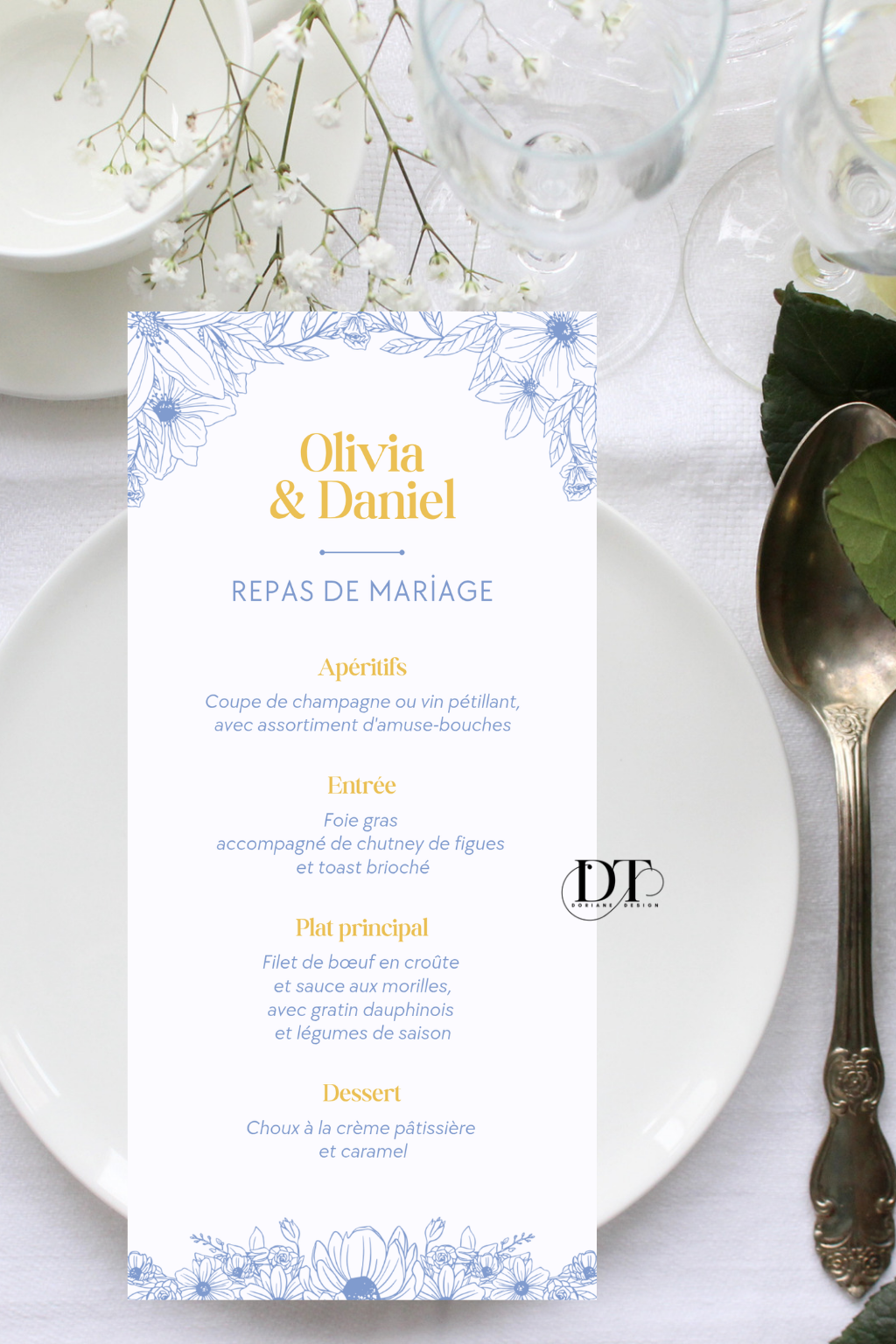 Menu mariage Bleu & orangé  Élégance Classique Florale