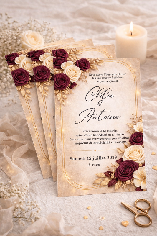 Faire part mariage bleu or chic , faire part rouge bordeau et or