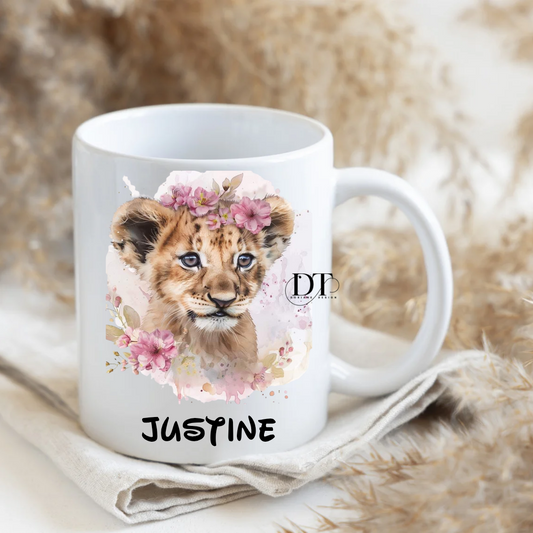 Mug personnalisé lionceau et fleurs