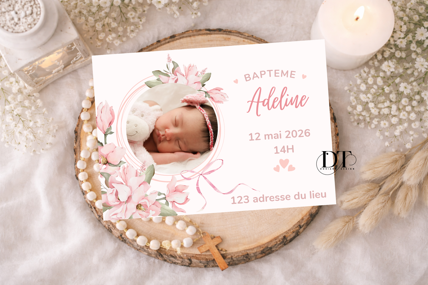 Faire-part de baptême floral ton rose
