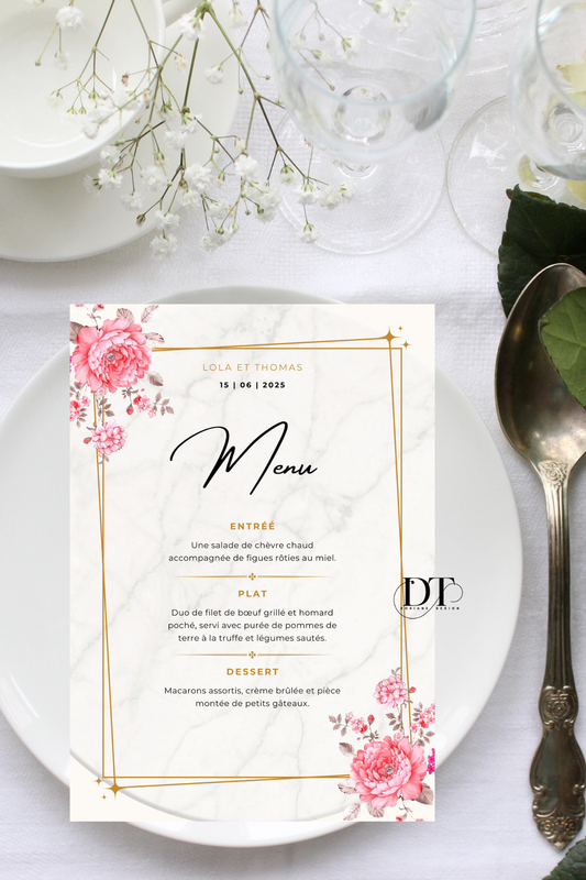 Menu mariage Marbre & Doré Chic Floral Rose