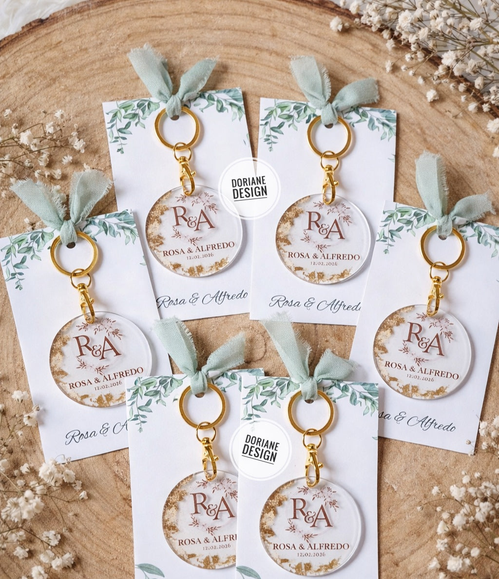 Porte-clé personnalisé plexiglas mariage | Cadeau invité avec initiales, prénoms & date | cadeaux invité original mariage feuille d’or