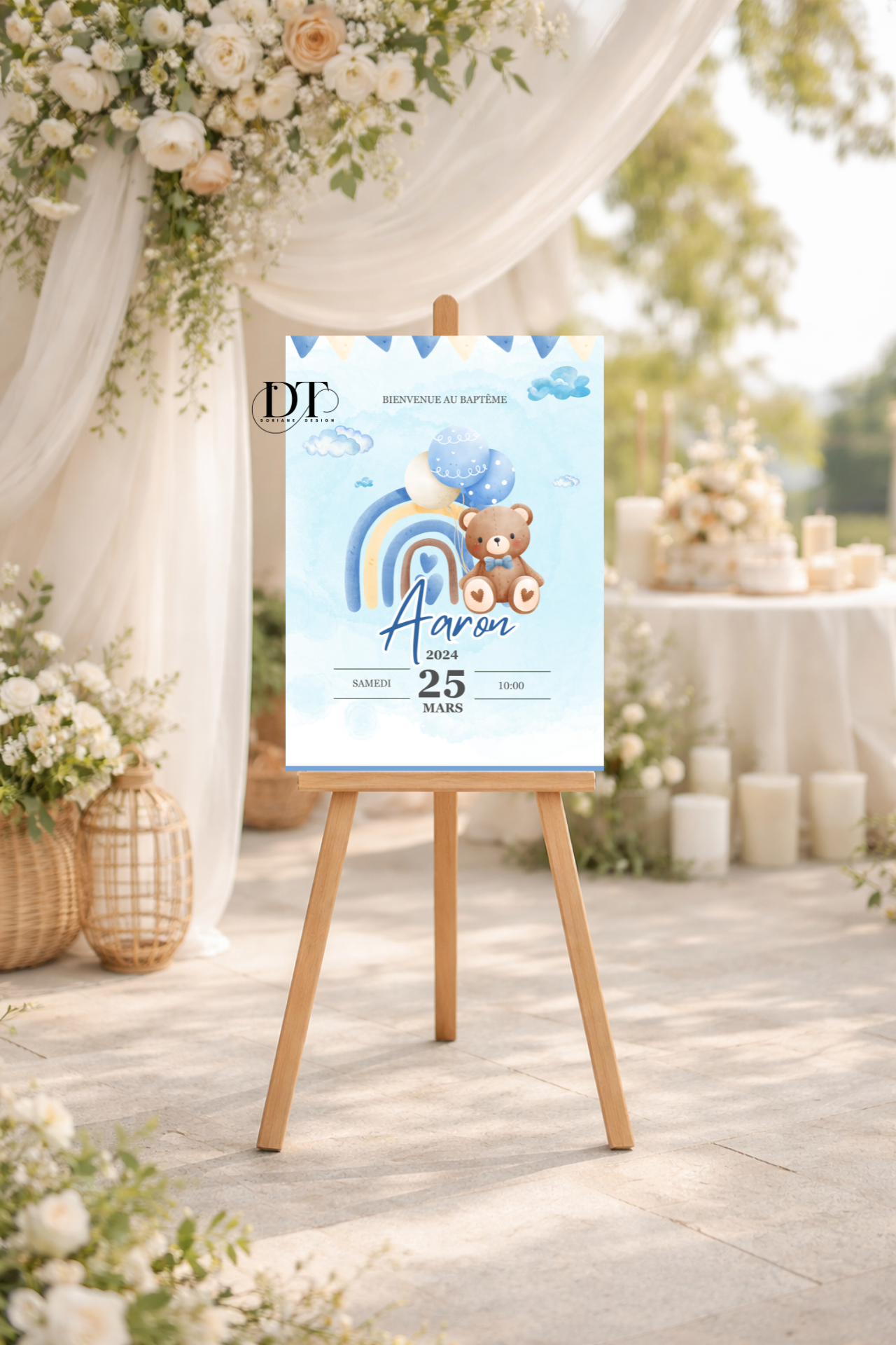 Affiche décoration de baptême Ourson arc en ciel bleu