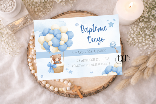 Faire-part de baptême oursons bleu