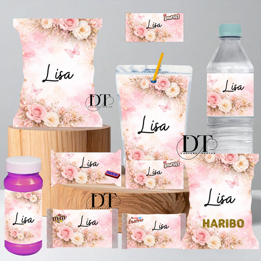 Emballages personnalisés bonbons et chocolats Floral fond rose