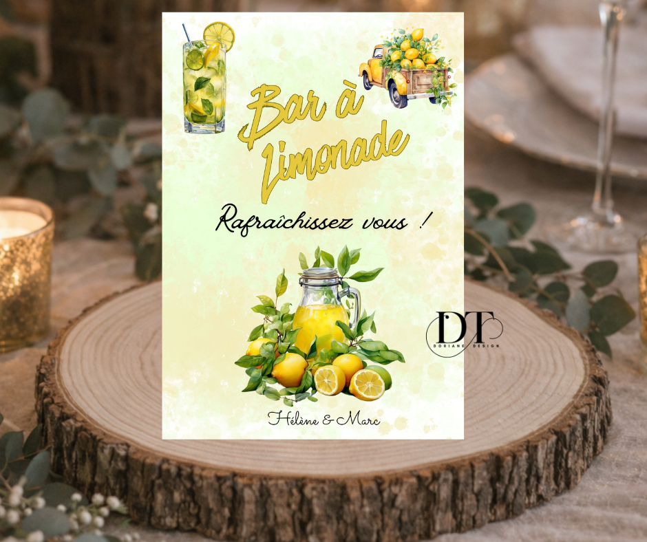 Panneau mariage bar à limonade , affiche bar à limonade ,  décoration mariage dolce vita citron