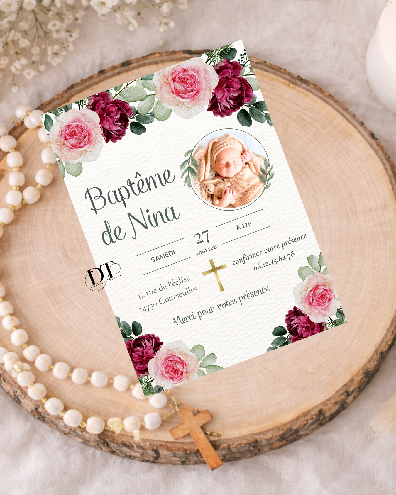 Faire-part de baptême floral roses