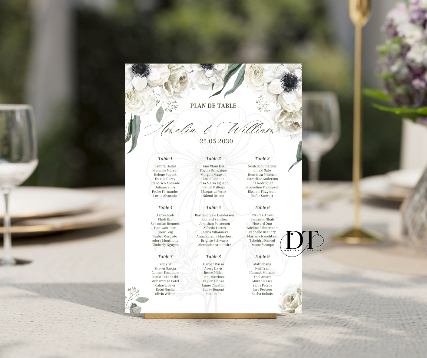 Plan de table personnalisé floral vert & blanc panneau métal A4 panneau plan de table mariage baptême anniversaire Plan de table