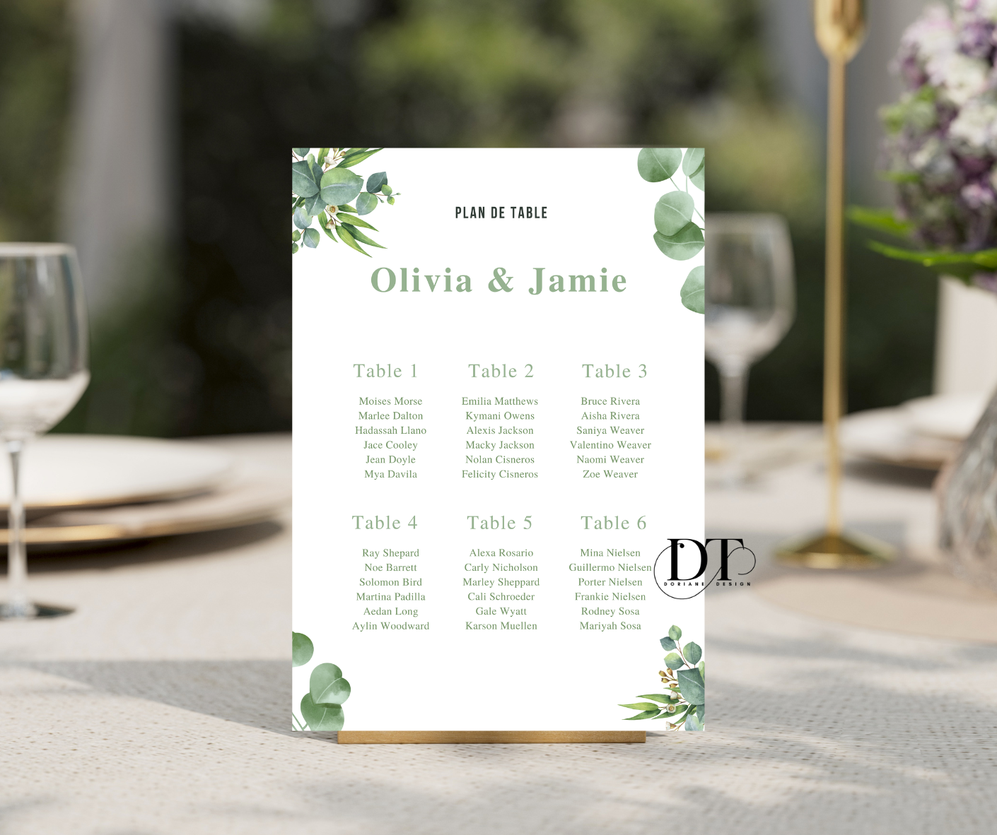 Plan de table personnalisé floral vert feuillage panneau métal A4 panneau plan de table mariage baptême anniversaire Plan de table