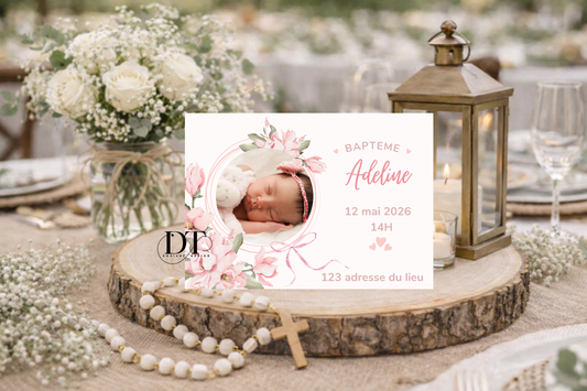 Faire-part de baptême floral ton rose