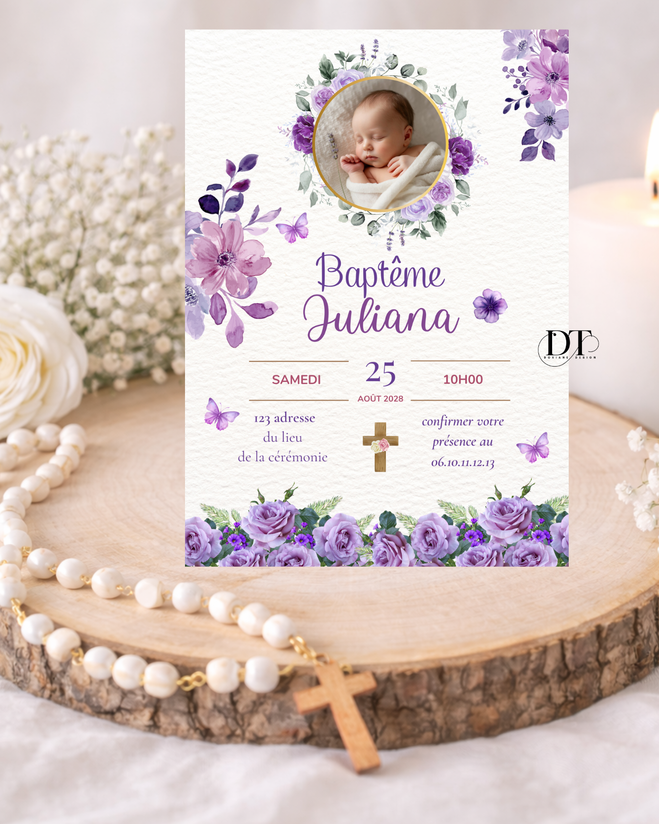 Faire-part de baptême floral ton violet