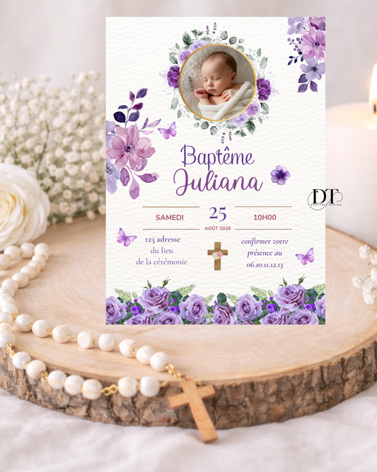 Faire-part de baptême floral ton violet