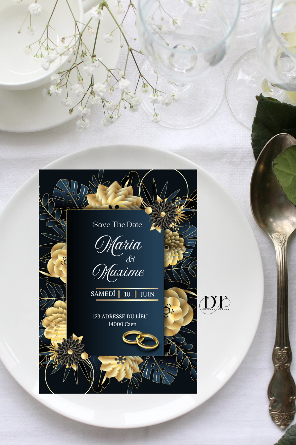 Faire-part mariage noir bleu nuit et doré floral – invitation luxe élégante personnalisée