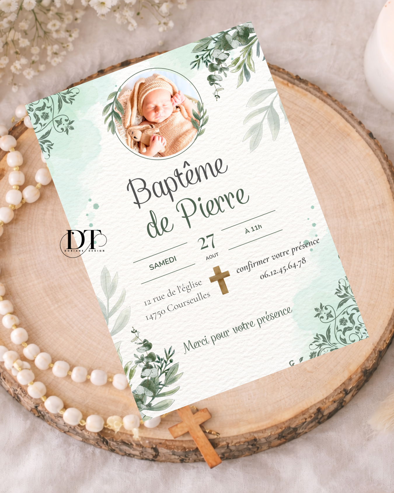 Faire-part de baptême personnalisé floral vert