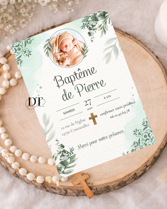 Faire-part de baptême personnalisé floral vert