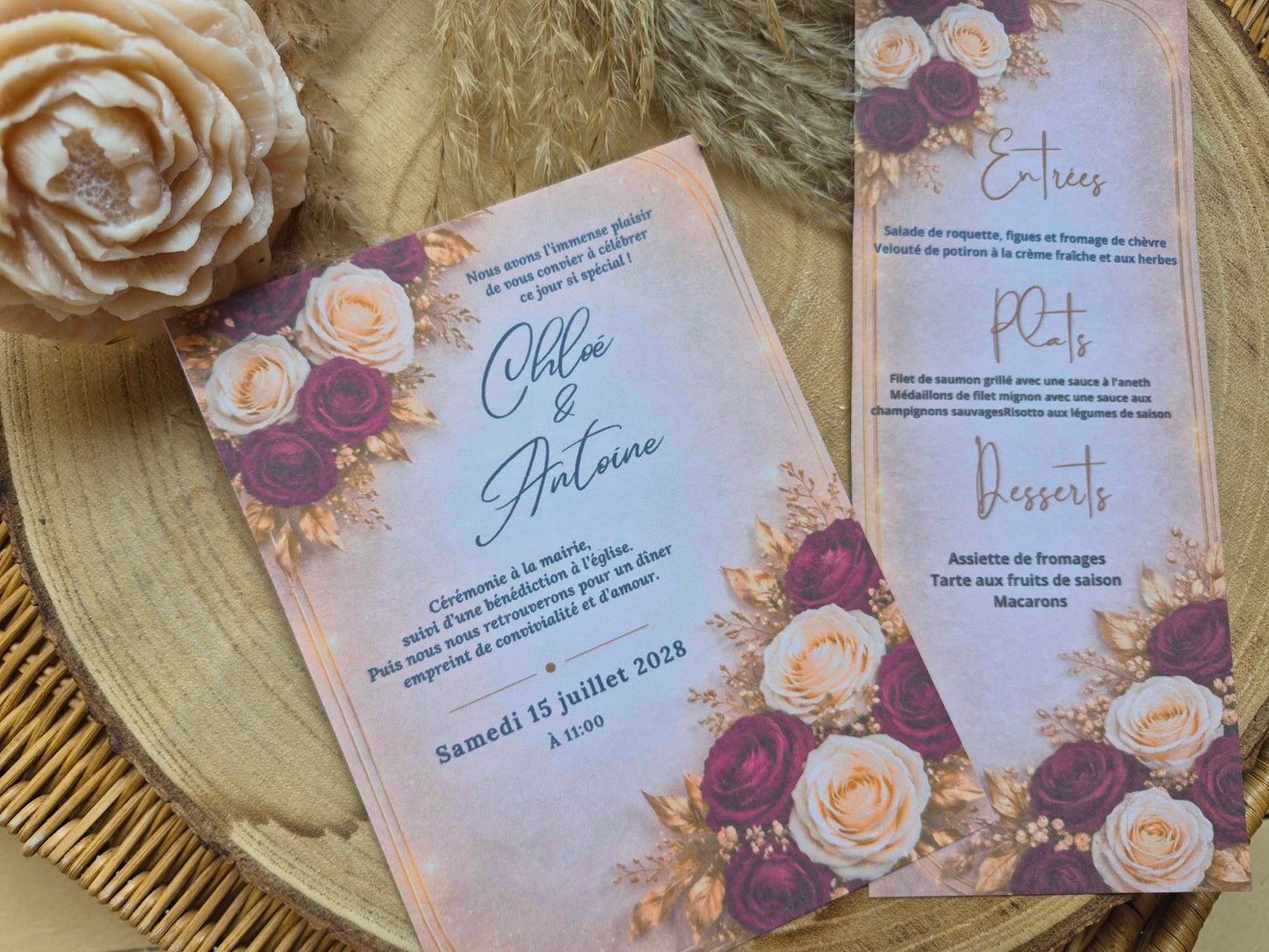 Faire part mariage bleu or chic , faire part rouge bordeau et or