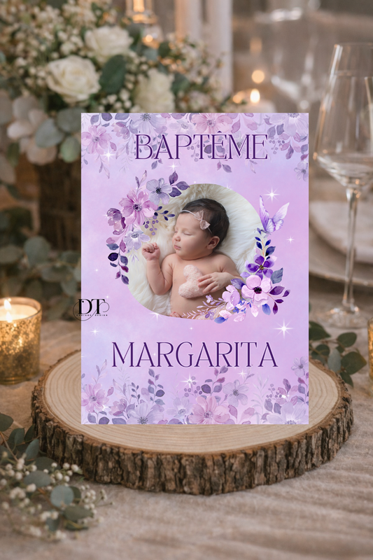 Affiche décoration de baptême floral violet