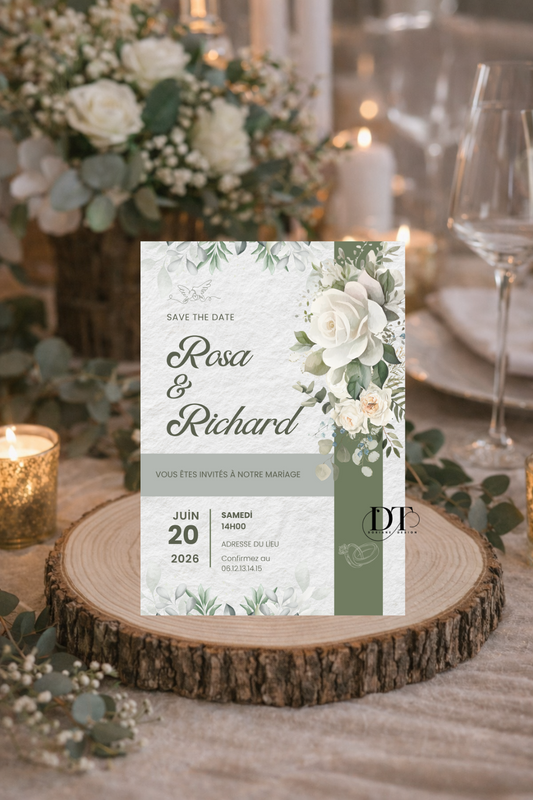 Faire-part mariage eucalyptus vert et blanc – invitation champêtre naturelle personnalisée