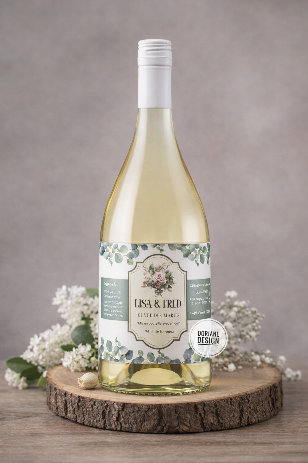 Etiquette bouteille personnalisé mariage vert sauge