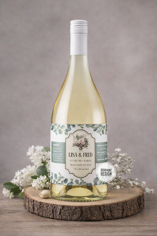 Etiquette bouteille personnalisé mariage vert sauge