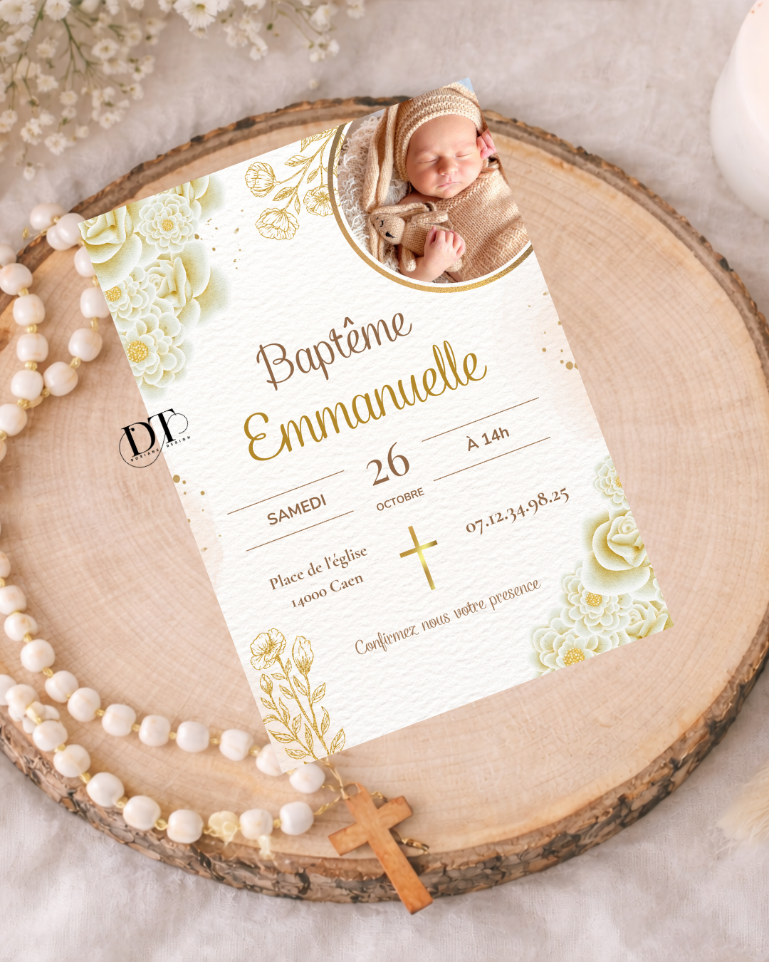 Faire-part de baptême bébé floral blanc or