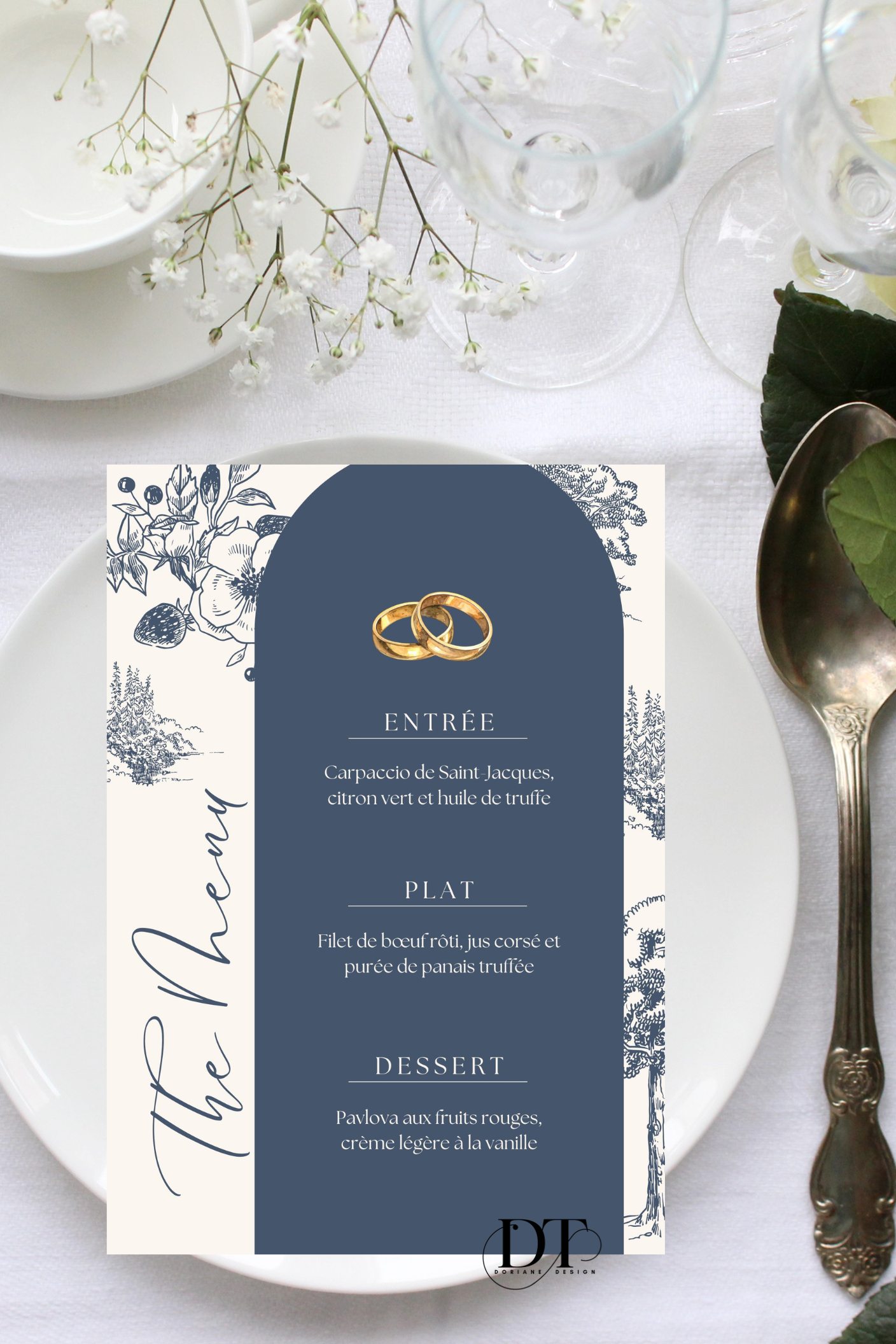 Menu mariage Élégance Bleu Nuit , blanc & Alliances dorées