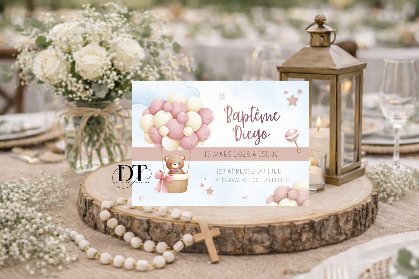 Faire-part de baptême oursons rose