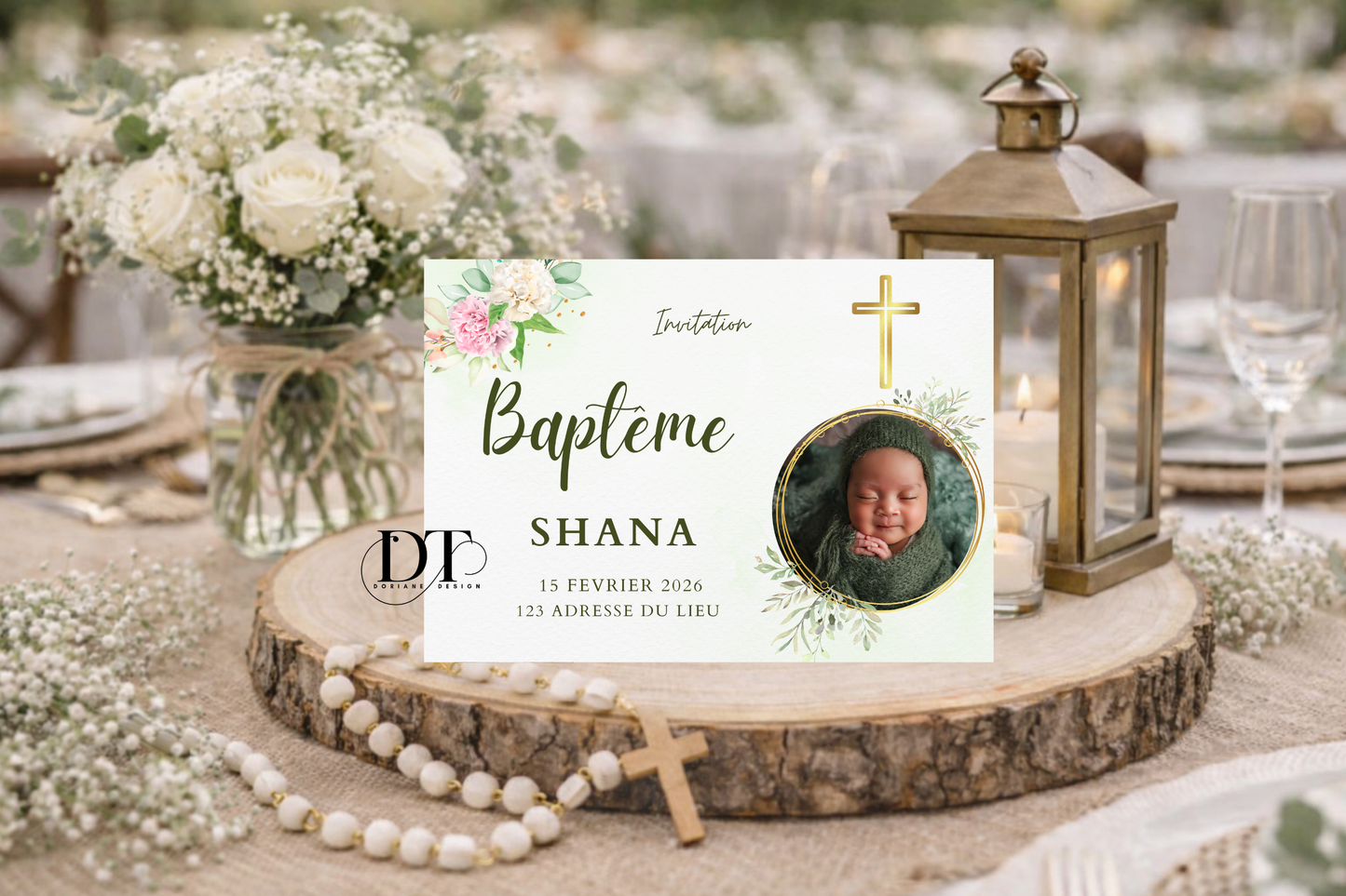 Faire-part de baptême floral ton vert d’eau