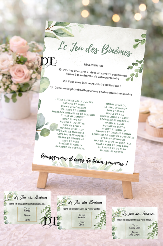 Jeu des binômes mariage – 64 cartes + affiche A4 – Animation invités originale – Jeu mariage Animation invités mariage thème vert floral Eucalyptus
