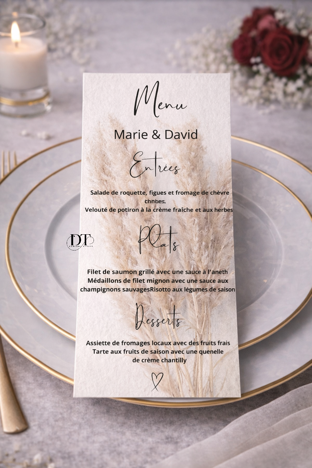 Menu mariage personnalisée champêtre pampa