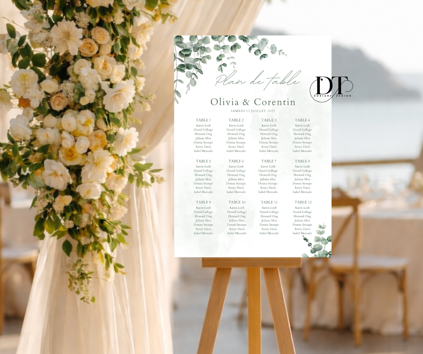 Plan de table personnalisé Eucalyptus panneau métal A4 Affiche seating chart mariage baptême anniversaire Plan de table