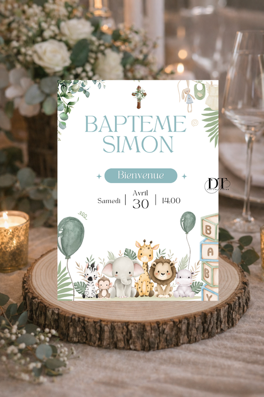 Affiche décoration de baptême thème jungle safari Animaux floral