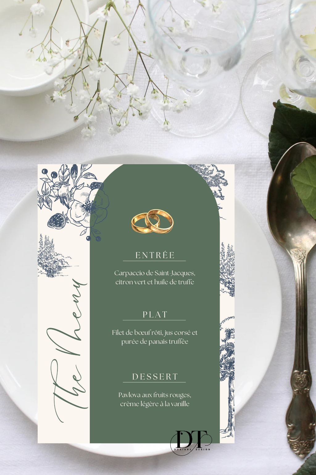 Menu mariage Champêtre Vert Sauge & Arche raffinée