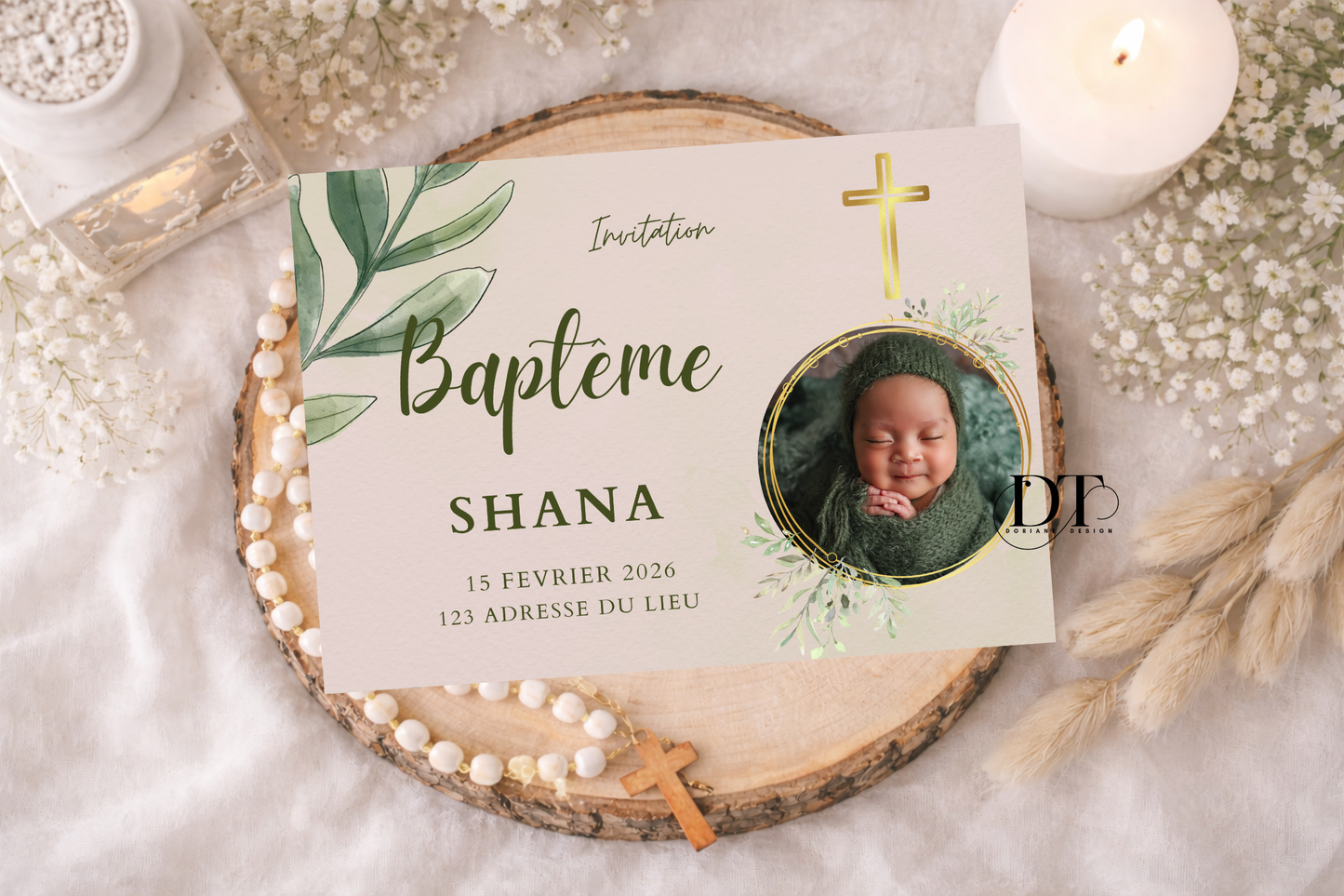 Faire-part de baptême floral vert