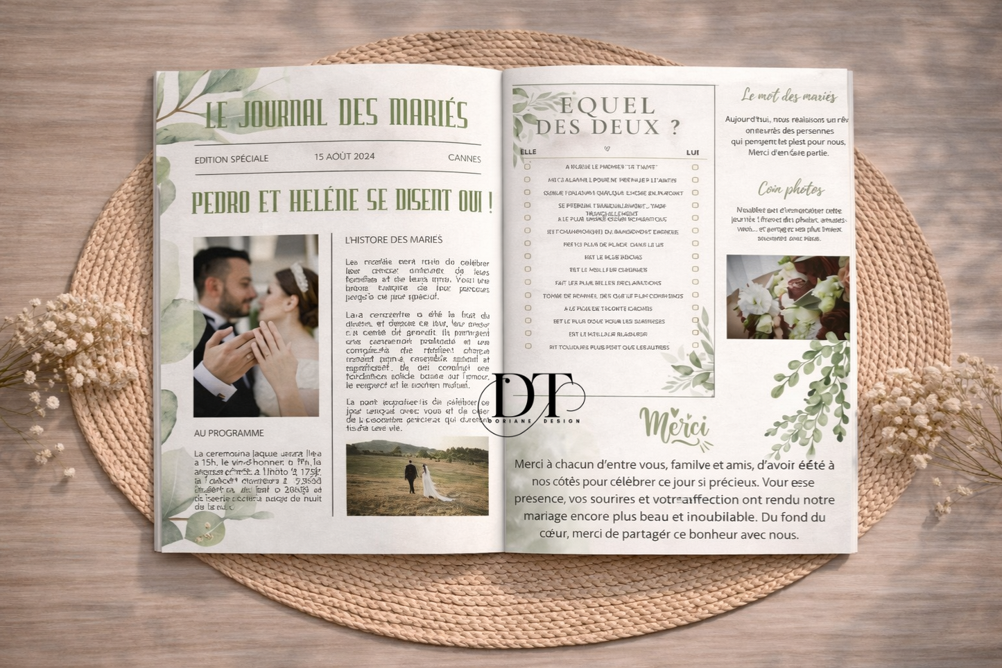 Gazette mariage personnalisée A3 recto verso – Journal des mariés – Cadeau invités original – Programme mariage bohème pampa – Affiche mariage personnalisable