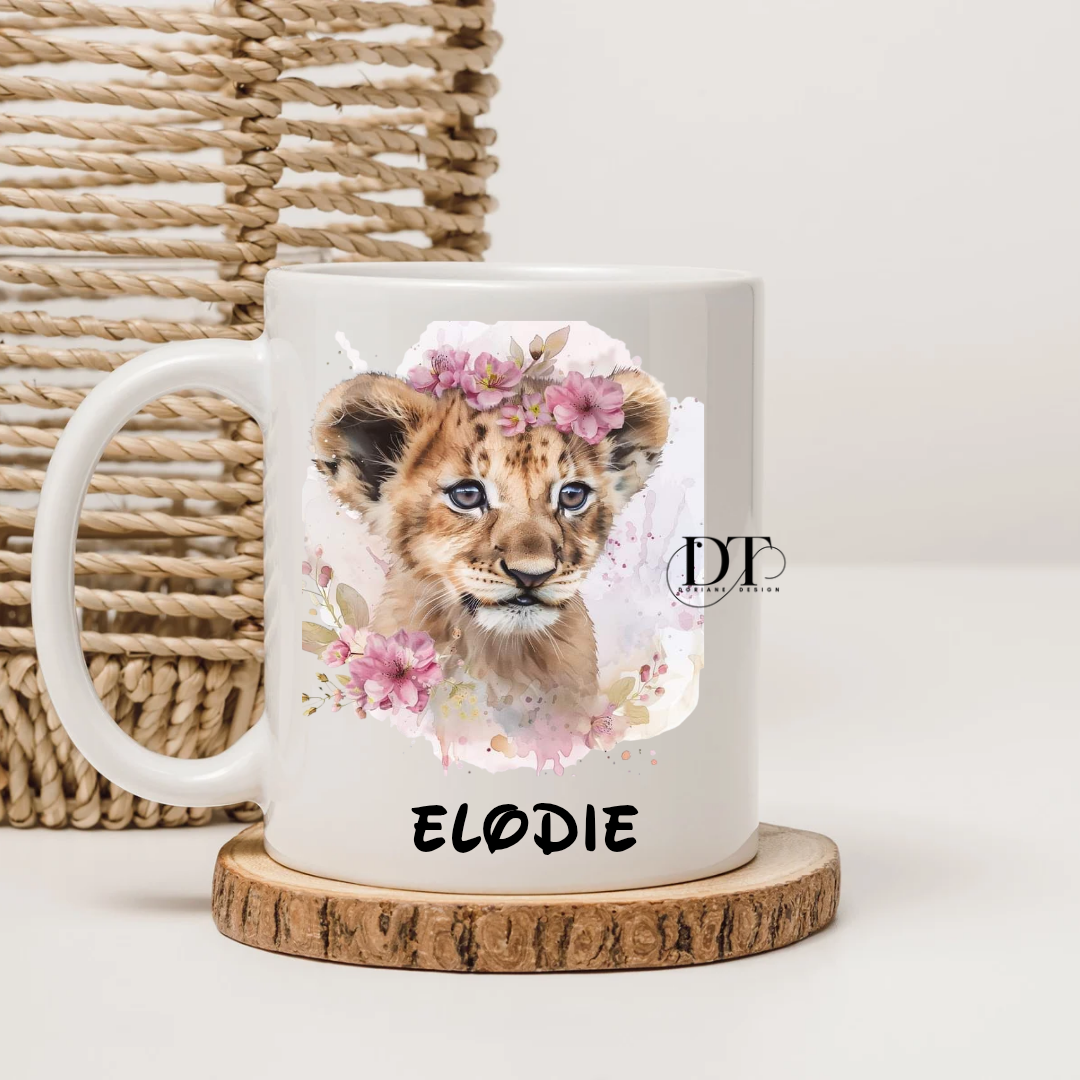 Mug personnalisé lionceau et fleurs